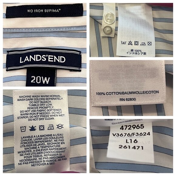 Lands End Women No Iron Supima Cotton Striped Shirt 20W Long Sleeve Blue  White - Picture 10 of 16